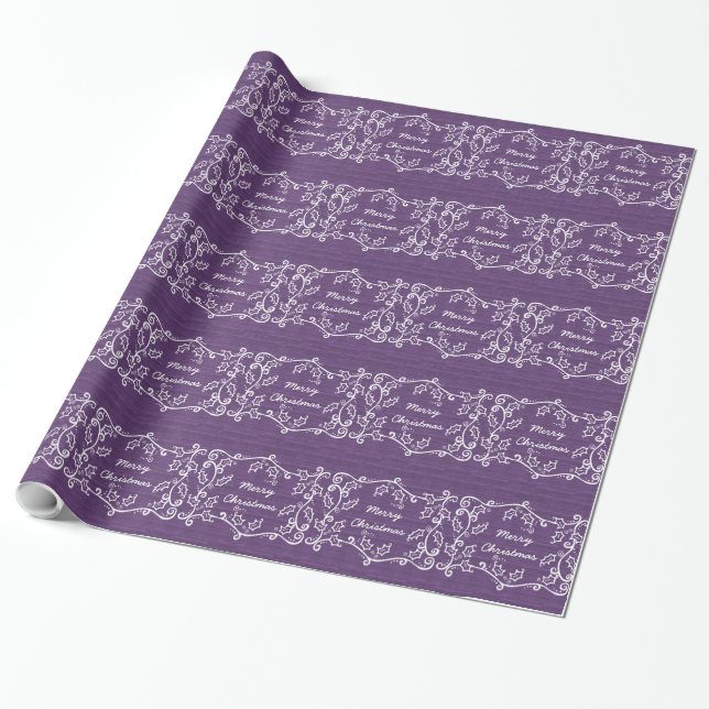 Purple Rustic Holly Wrapping Paper (Unrolled)