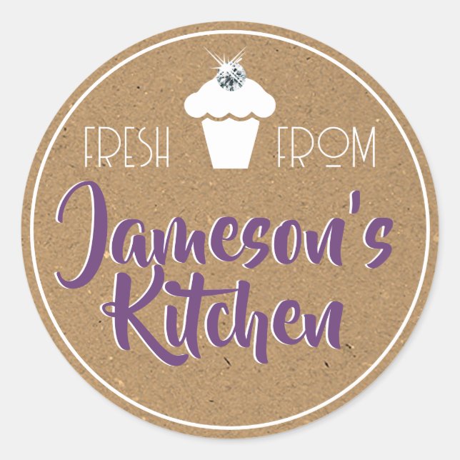 Purple Rustic Kraft Paper Rhinestone Cupcake Label (Front)