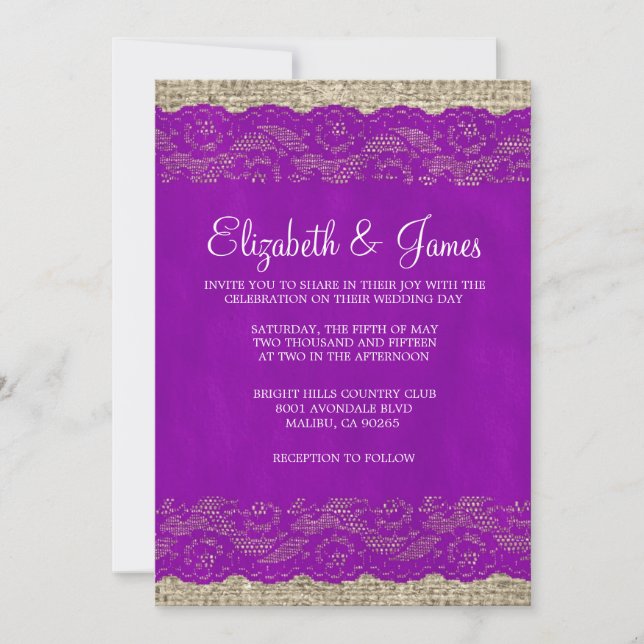 Purple Rustic Lace Wedding Invitations (Front)