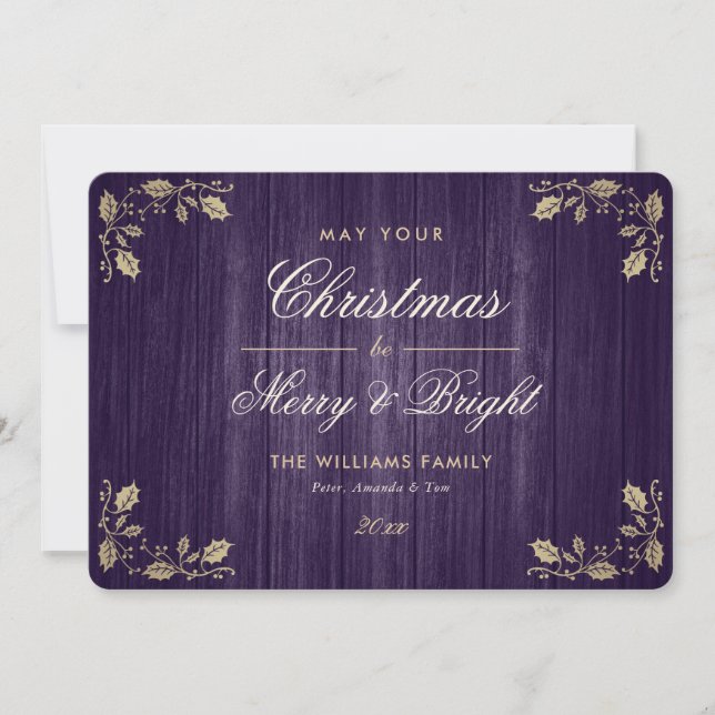 Purple Rustic Merry and Bright Photo Christmas Holiday Card (Front)