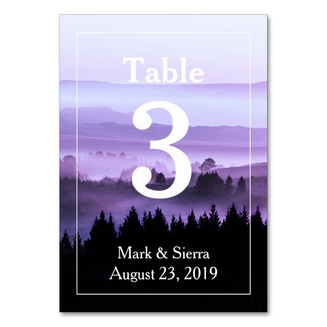 Purple Rustic Mountain Wedding Table Number (Front)