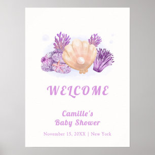 Purple Rustic Pearl Seashell Baby Shower Welcome  Poster