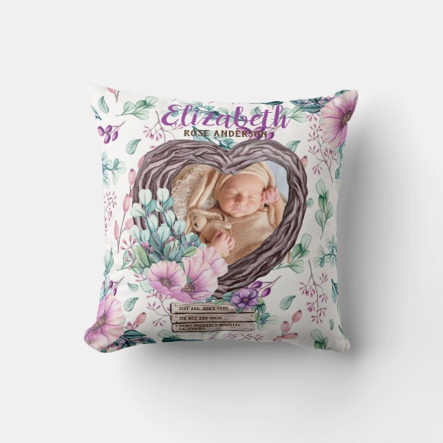 Purple Rustic Photo New Baby Birth Stats Floral Cushion (Front)