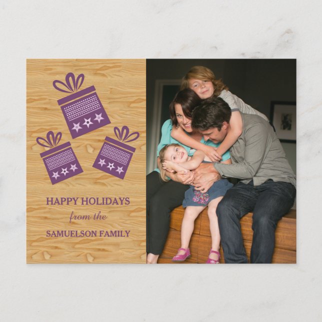 Purple Rustic Presents Holiday Photo Postcard (Front)