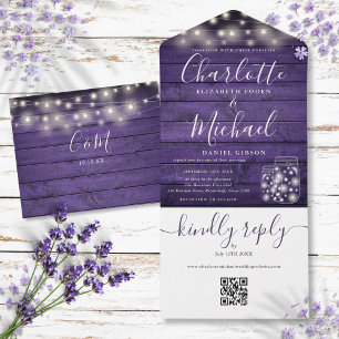 Purple Rustic QR Code Mason Jars Lights Wedding All In One Invitation