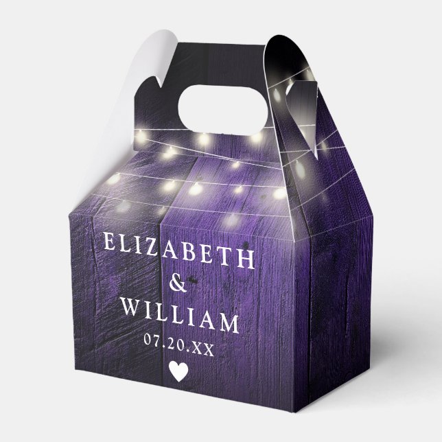 Purple Rustic String Lights Barn Wood Wedding Favour Box (Front Side)
