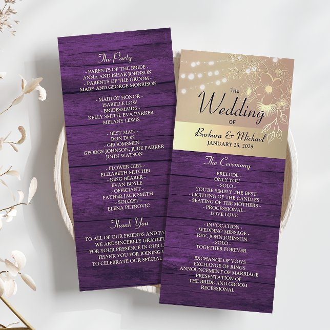 Purple Rustic String Lights Wedding Program Programme (Creator Uploaded)