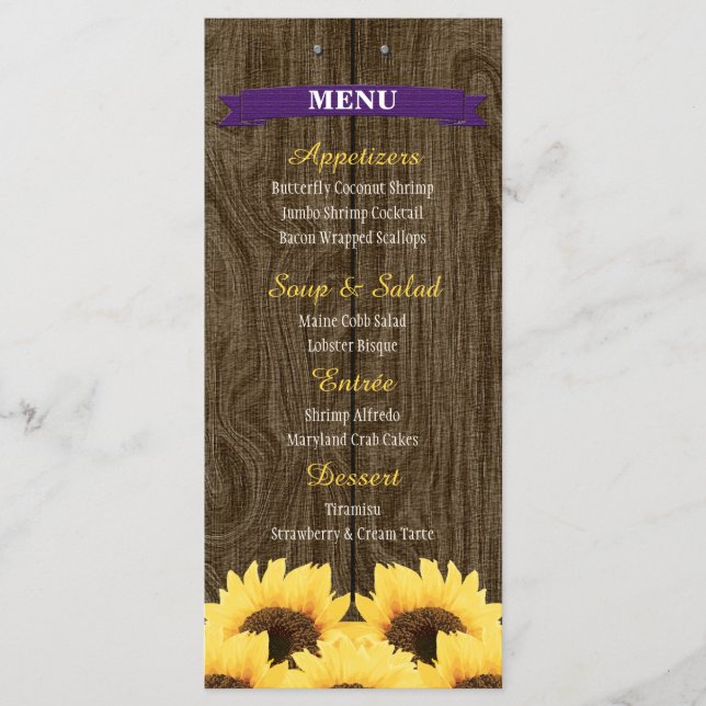 PURPLE RUSTIC SUNFLOWER MENU CARD (Front)