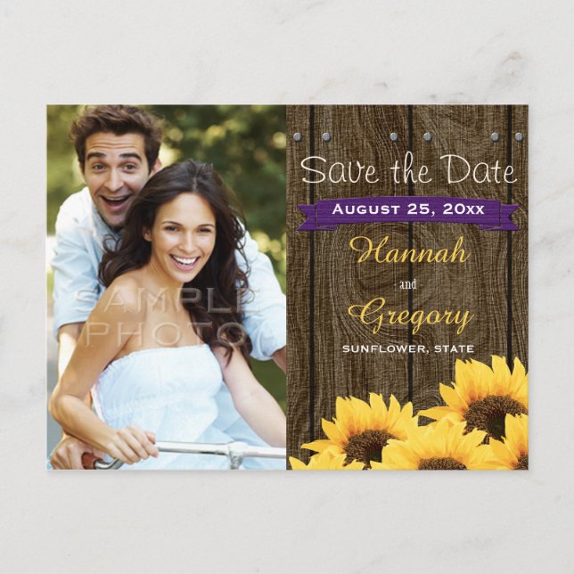 PURPLE RUSTIC SUNFLOWER SAVE THE DATE POSTCARD (Front)