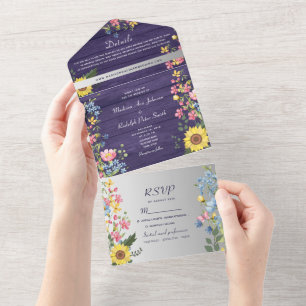 Purple Rustic Sunflower Wedding All In One Invitation