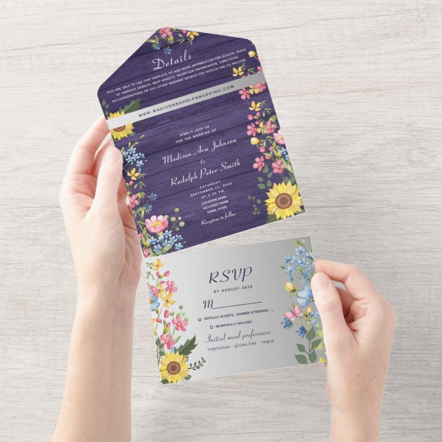Purple Rustic Sunflower Wedding All In One Invitation (Tearaway)