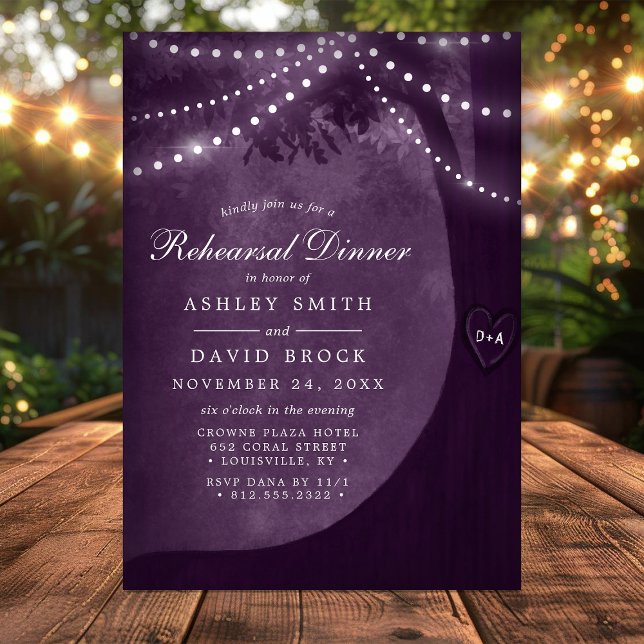 Purple Rustic Tree Initials String Light Rehearsal Invitation (Creator Uploaded)