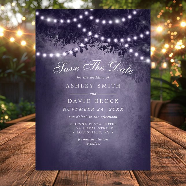 Purple Rustic Tree String Lights Save The Date (Creator Uploaded)