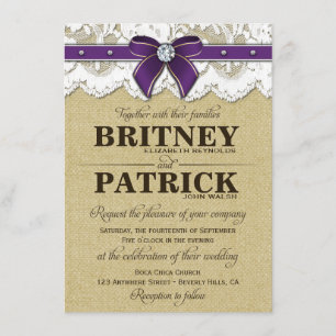 Purple Rustic Vintage Burlap Wedding Invitations