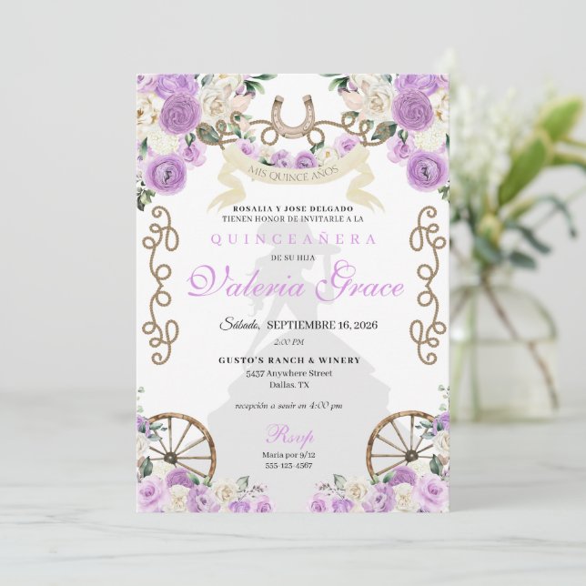 Purple Rustic Western Charro Woman Quinceañera Invitation (Standing Front)