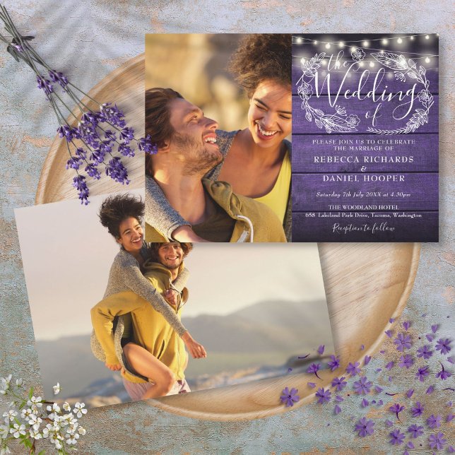 Purple Rustic Wood 2 Photo String Lights Wedding Invitation (Purple Rustic Wood 2 Photo String Lights Wedding Invitation)