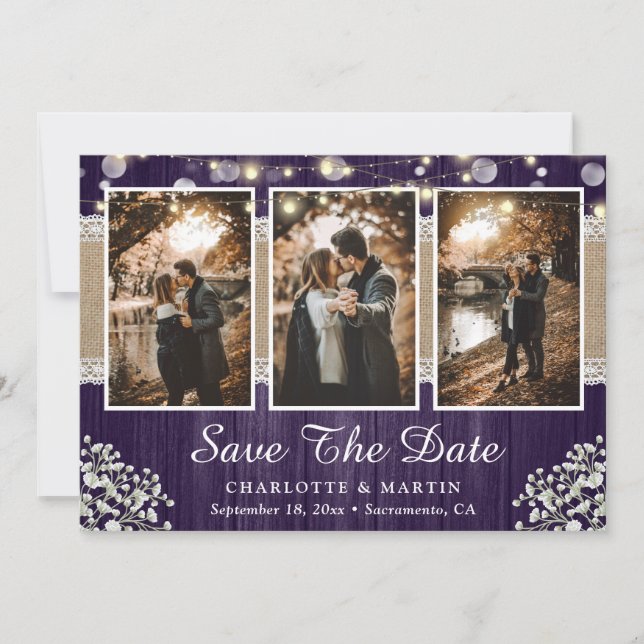 Purple Rustic Wood Baby's Breath Wedding Photo Save The Date (Front)