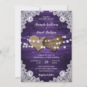 Purple Rustic Wood Burlap Lace Lights Wedding Invitation