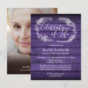 Purple Rustic Wood Celebration of Life Photo Announcement Postcard