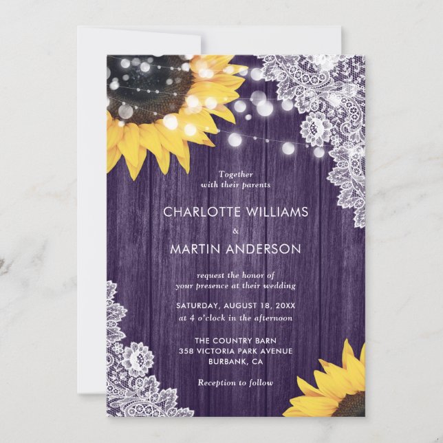 Purple Rustic Wood Floral Lace Sunflower Wedding Invitation (Front)