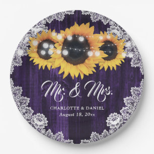 Purple Rustic Wood Floral Lace Sunflower Wedding Paper Plate