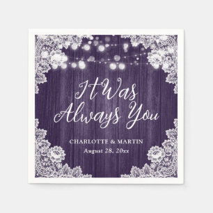 Purple Rustic Wood Floral Lace Wedding Napkin