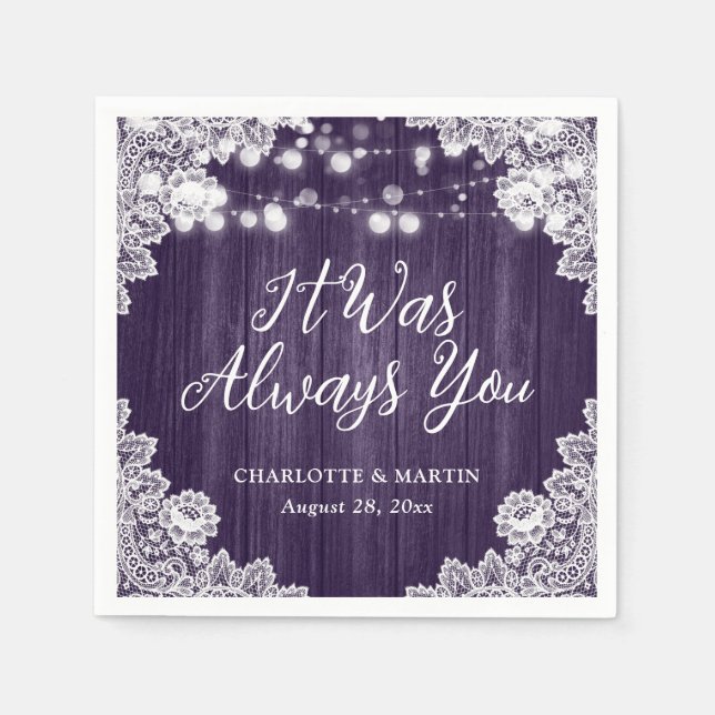 Purple Rustic Wood Floral Lace Wedding Napkin (Front)