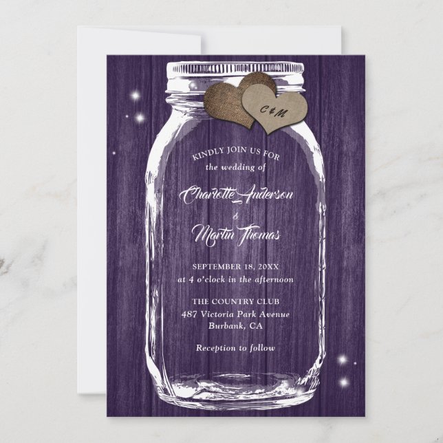 Purple Rustic Wood Hearts Mason Jar Wedding Invitation (Front)