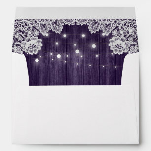 Purple Rustic Wood Lace String Lights Wedding Envelope