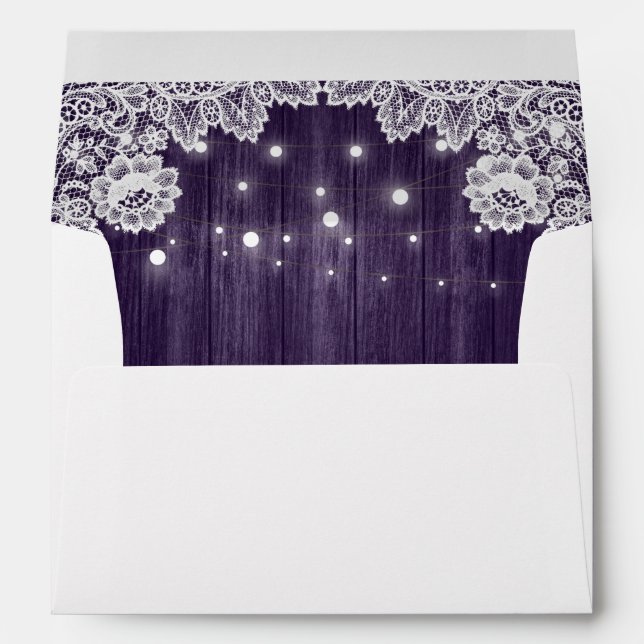 Purple Rustic Wood Lace String Lights Wedding Envelope (Back (Bottom))