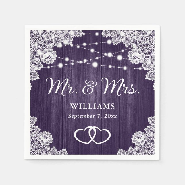 Purple Rustic Wood Lace String Lights Wedding Napkin (Front)