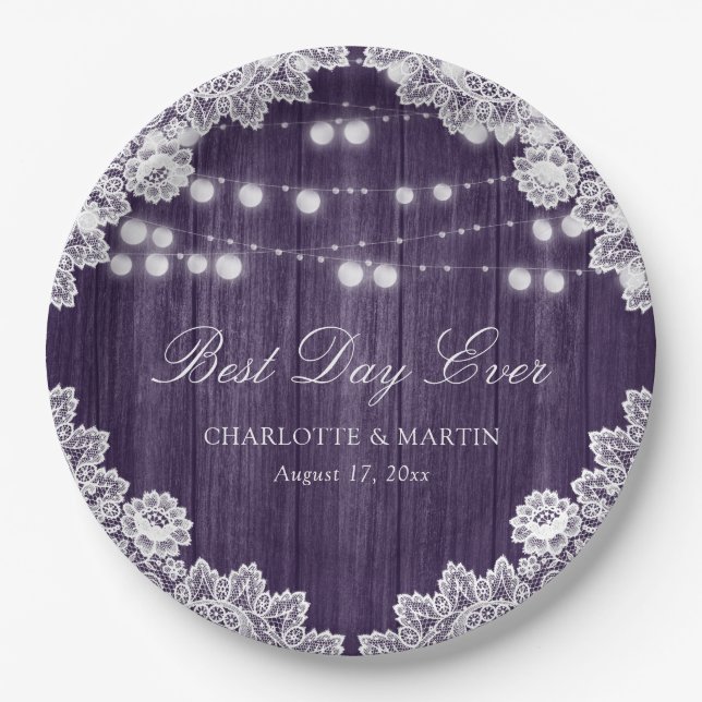 Purple Rustic Wood Lace String Lights Wedding Paper Plate (Front)