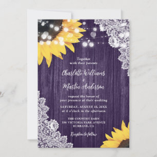 Purple Rustic Wood Lace Sunflower Wedding Invitation