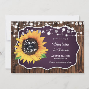 Purple Rustic Wood Lights Sunflower Wedding Save The Date
