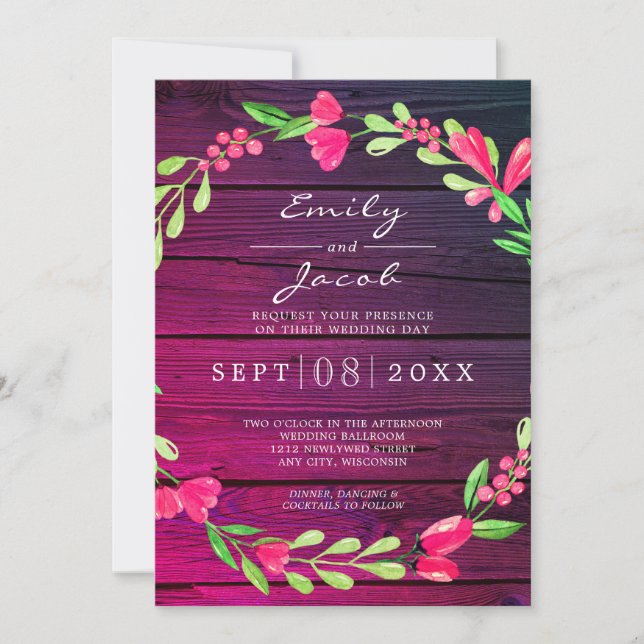 Purple Rustic Wood Pink Floral Country Wedding Announcement (Front)