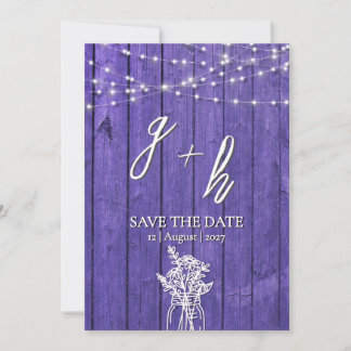 Purple Rustic Wood String Lights Boho Mason Jar Save The Date