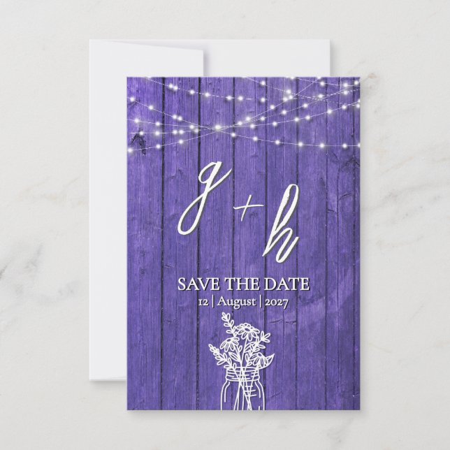 Purple Rustic Wood String Lights Boho Mason Jar Save The Date (Front)