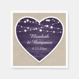 Purple Rustic Wood String Lights Burlap Wedding Napkin