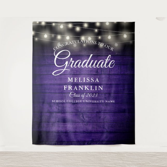 Purple Rustic Wood String Lights Graduate Backdrop Tapestry (Front)