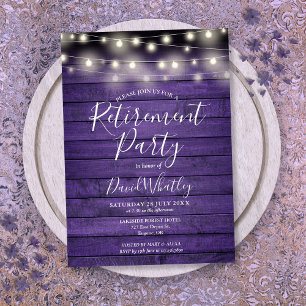 Purple Rustic Wood String Lights Retirement Party Invitation