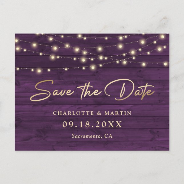 Purple Rustic Wood String Lights Save The Date Announcement Postcard (Front)