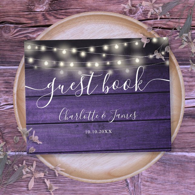 Purple Rustic Wood String Lights Script Wedding Guest Book (Purple Rustic Wood String Lights Script Wedding Guest Book)