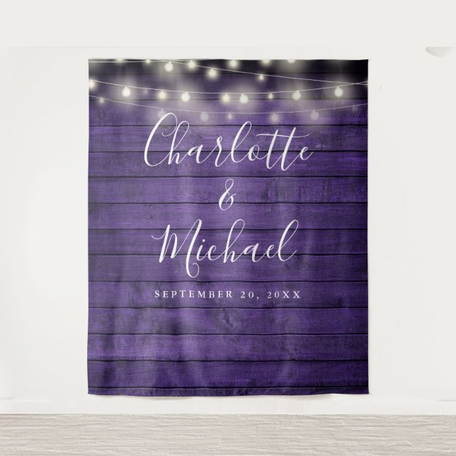 Purple Rustic Wood String Lights Wedding Backdrop Tapestry (Front)