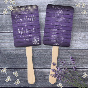 Purple Rustic Wood String Lights Wedding Program Hand Fan