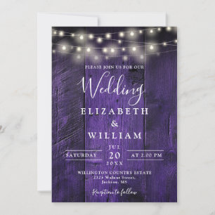 Purple Rustic Wood Wedding String Lights QR Code Invitation