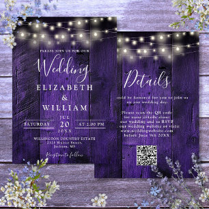 Purple Rustic Wood Wedding String Lights QR Code Invitation