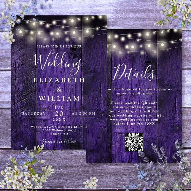 Purple Rustic Wood Wedding String Lights QR Code Invitation | Zazzle