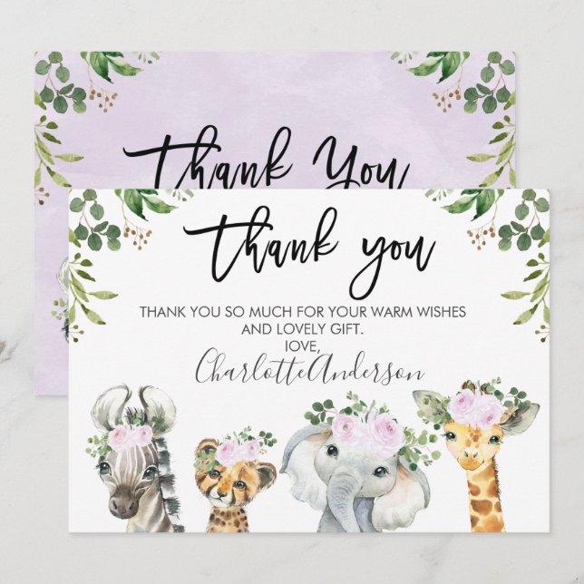 Purple Safari Animals Baby Shower Thank You Card (Front/Back)