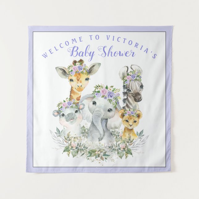 Purple Safari Baby Shower Banner Backdrop  Tapestry (Front)
