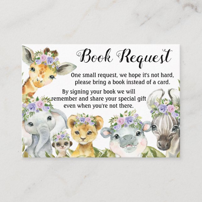 Purple Safari Baby Shower Book Request Cards (Front)